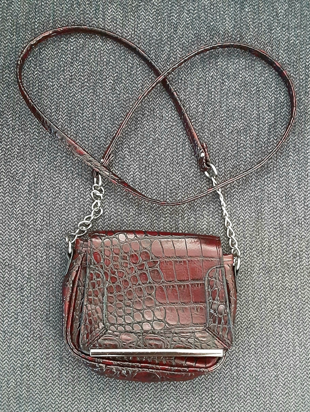 Merona Croc-Embossed Crossbody Bag in Dark Brown with Silver Hardware